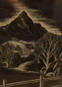 A 20th Century etching, depicting a mountainous valley with cottages, unsigned or attributed, within