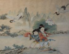 A 20th Century Chinese inspired watercolour, a serene landscape with figures in traditional clothing