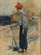 A 20th Century ink and watercolour, a study of a fisherman in a vibrant red hat on a beach, unsigned