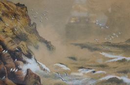 A 19th Century watercolour 'Land's End', a coastal rock face with gulls, entitled lower right,