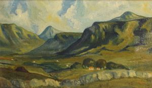 F Jones (19th Century) Oil on canvas, a mountainous landscape with cottages, signed lower right,