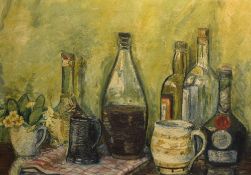 A Mid-19th Century oil on board still life, a tablescape with various bottles and mugs, unsigned