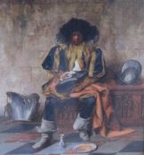 Adolphe Alexander Lesrel (French 1839-1929) oil on canvas, depicting a seated soldier polishing
