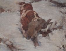 Kay Nixon (British 1894 - 1988) Oil on board, a study of a working spaniel with rabbit, signed lower
