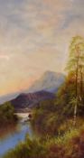 A 19th/20th Century oil on board, a mountainous sunset river study, unsigned or attributed, within a