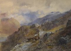 Grace H Hastie (British 1855-1930) Watercolour, a highland mountain scene with cattle, signed and