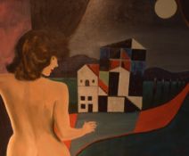 A 20th Century Modernist oil on board 'Room with a View', depicting a nude woman opening curtains to
