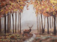 A Contemporary embellished print on canvas, depicting a stag in an autumn woodland, unsigned or