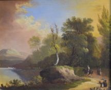 A 19th/20th Century oil on board, a mountainous lake shore scene with figures, signed indistinctly