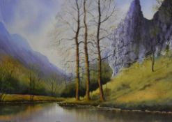 Geoff Kersey (British Contemporary) Watercolour, a mountainous river scene, within a card mount