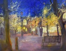 A large Contemporary oil on canvas, a vibrant street study at night with lit trees, unsigned,
