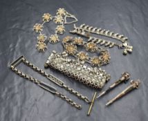 A small selection of white metal jewellery including Indian style bracelets/anklets, two damaged