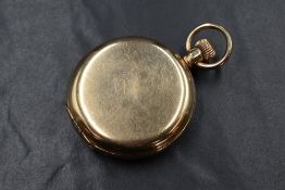 A gold plated full hunter top wound Waltham pocket watch, the white dial having Roman numerals and