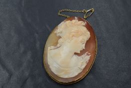 A 9ct gold cameo set brooch, the cameo depicting a maiden in profile, in a bezel setting, marked