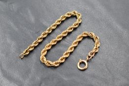 A yellow metal presumed gold continental rope chain bracelet, indistinct marks, 21cm, 8g