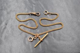 A 9ct gold 14' curb link watch chain with T bar, approx 12.8g