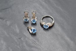 A 14ct gold Le Vian diamond and sapphire set suite, comprising ring, pendant and earrings, having