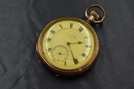 A large early 20th century gold plated top wound pocket watch by Thomas Russell & Sons having a