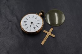 A yellow metal presumed gold continental pocket watch, the damaged white dial having Roman