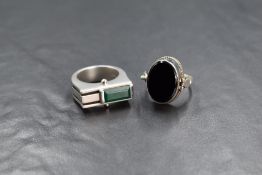 An Italian modernist silver green stone set ring, the rectangular green stone in a half bezel