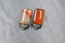 A pair of white metal agate and marcasite set dress clips, of rectangular form having agate panels