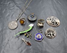 A small selection of silver jewellery including an enamelled budgerigar brooch, Royal Engineers