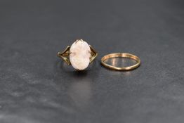 A 9ct gold wedding band of narrow form, size N & a 9ct gold cameo ring depicting a maiden in