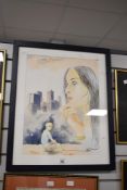 D S Gibbins (Contemporary) Watercolour, a surreal scene with crying woman and young boy in a smoke