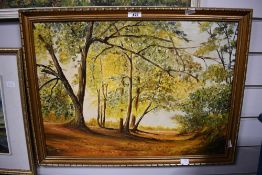 A 20th Century acrylic on board, depicting a woodland in autumn, unsigned or attributed, within