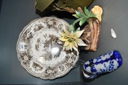 A W & B Grecian Statue stoneware plate in brown sold with a Capodimonte flower and a blue and