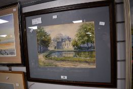 A 19th/20th Century watercolour, a study of a manor house and grounds with pond, unsigned or