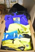 Five ex stock cyclists jackets to include padded and shell some being hi vis and mostly large or