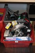 A selection of assorted cycling equipment in two boxes to include a Shemano Deore XT derailleur,