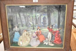 A vintage shadow box displaying several miniature dressed dolls arranged in front of a painted