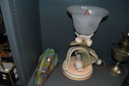 A vintage toleware-style floral table lamp, featuring soft pink tulips supporting a frosted glass