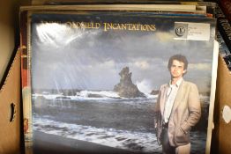 A carton of assorted genre LPs including Mike Oldfield, Leo Sayer, Jon and Vangellis, Max Bygraves