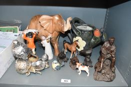 A selection of animal studies and figurines including a Willow Tree 'Angel of Wonder', wooden