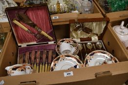A cased set of silver plated fish cutlery and servers, a cased set of silver plated dessert spoons