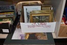 A small carton of assorted pictures and prints to include a large unframed mixed media picture.