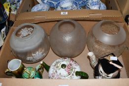 Three oil lamp shades, a Wedgwood style (no mark) 'Rebekah at the Well' majolica teapot and