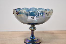 A mid 20th-century Indiana Glass Company-style blue iridescent carnival glass pedestal compote,