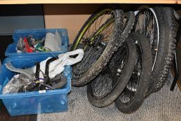 A collection of biking equipment to include a pair of Mavic X517 SUP wheels, a pair of Y22 X-Rims