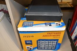 Three multi tier plastic small parts organiser drawers in original boxes sold along with a plastic