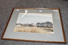 A 20th Century landscape watercolour, depicting farm buildings in winter, signed indistinctly (