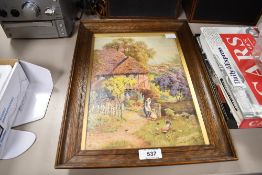 A vintage reproduction picture depicting a woman and child in front of a pretty country cottage
