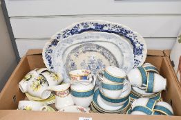 A Grosvenor China 'Allandale' part tea service in white having turquoise patterned banding and