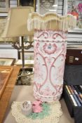 A french candelabra style metal based lamp, a hand painted ceramic Portuguese style stick stand, a