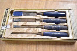 A boxed set of CK wood chisels