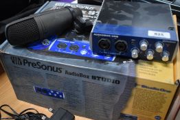 A Pre-Sonus Audio box studio, includes condenser mic, interface, leads and software