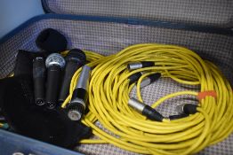 Four microphones being Shure SM57, SM58, Unidyne and Sanyo MP303, sold with four yellow XLR cables